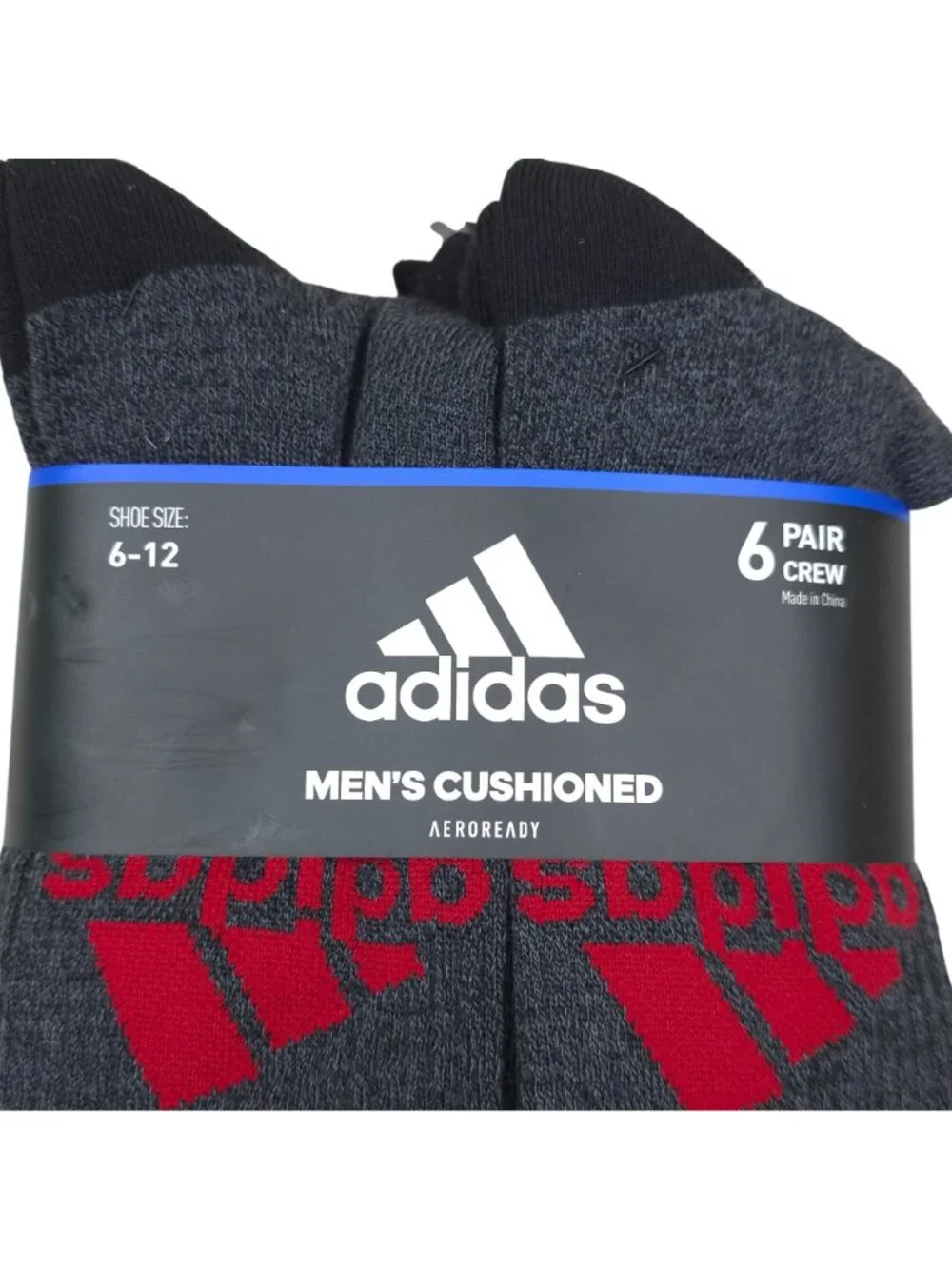 Adidas Mens Cushioned AEROREADY Crew Socks 6-Pack Black Grey Red Shoe Size 6-12